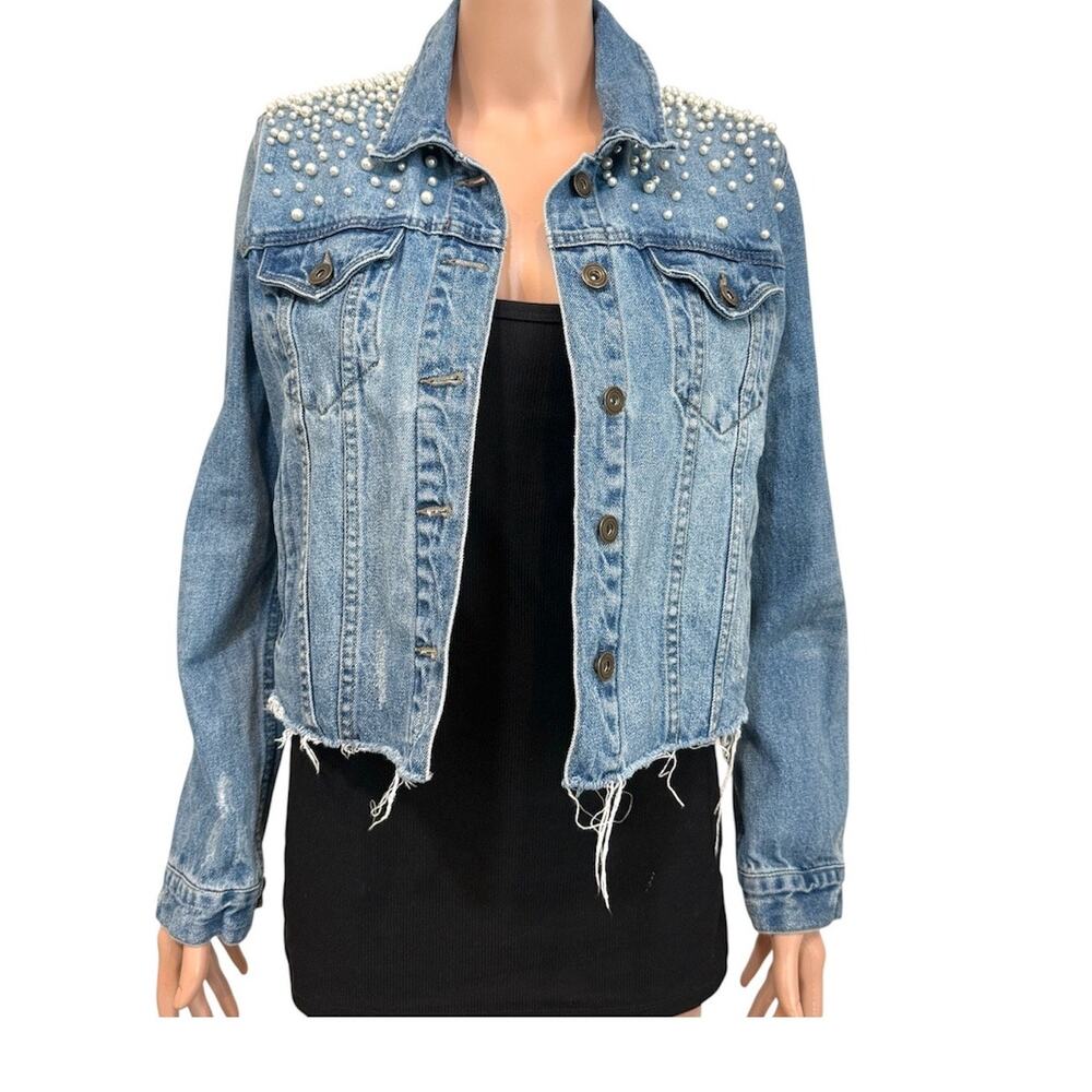 Sunset + Spring medium pearl embellished cropped denim jacket C2 3452
